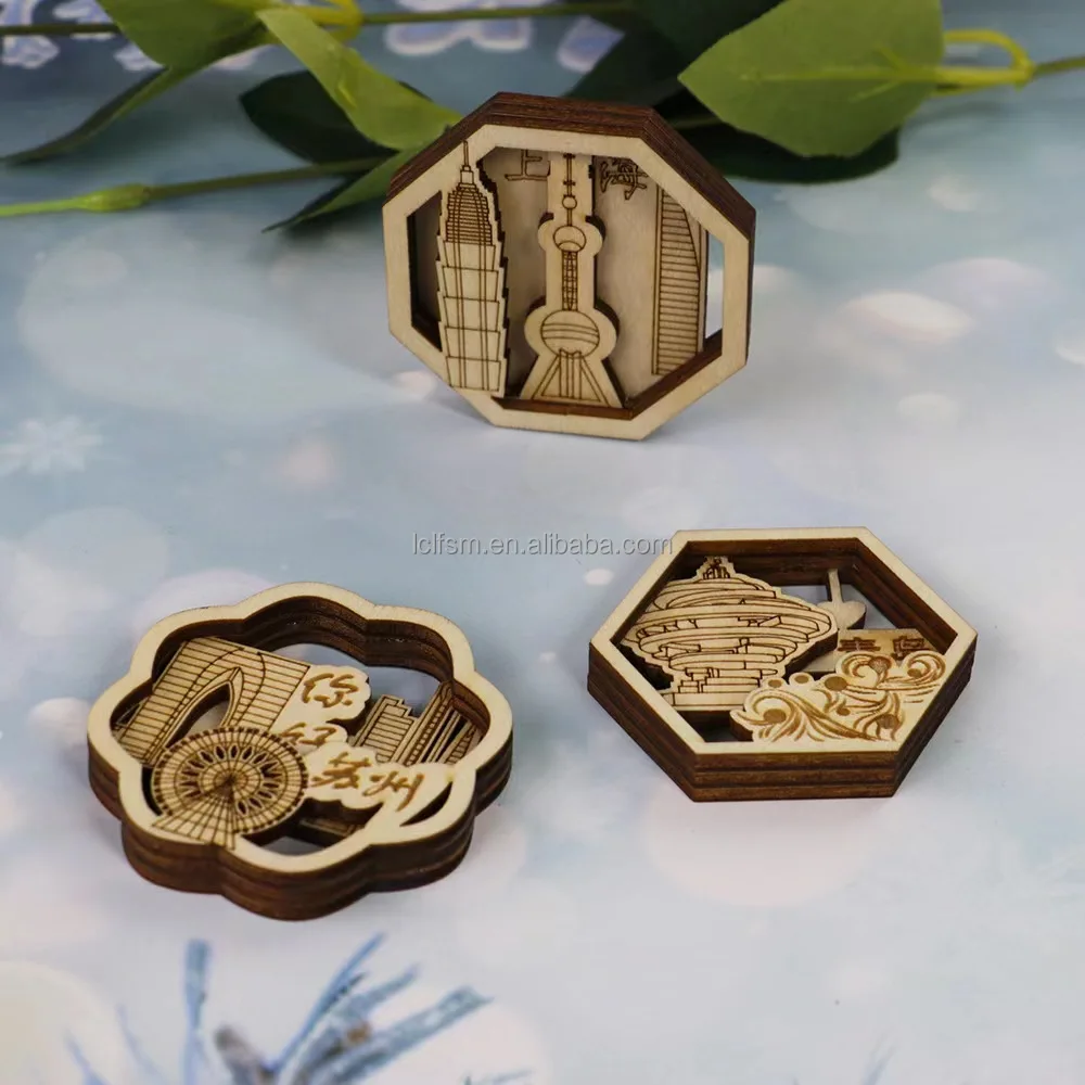 Cultural and creative large wooden fridge magnets featuring iconic urban architectural design