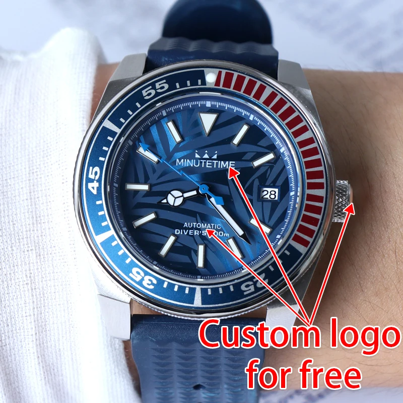MINUTETIME Custom Logo NH35 Vintage Watch Mechanical Automatic Waterproof Watches MEN Samurai Blue Leaf Pattern Dial Wristwatch