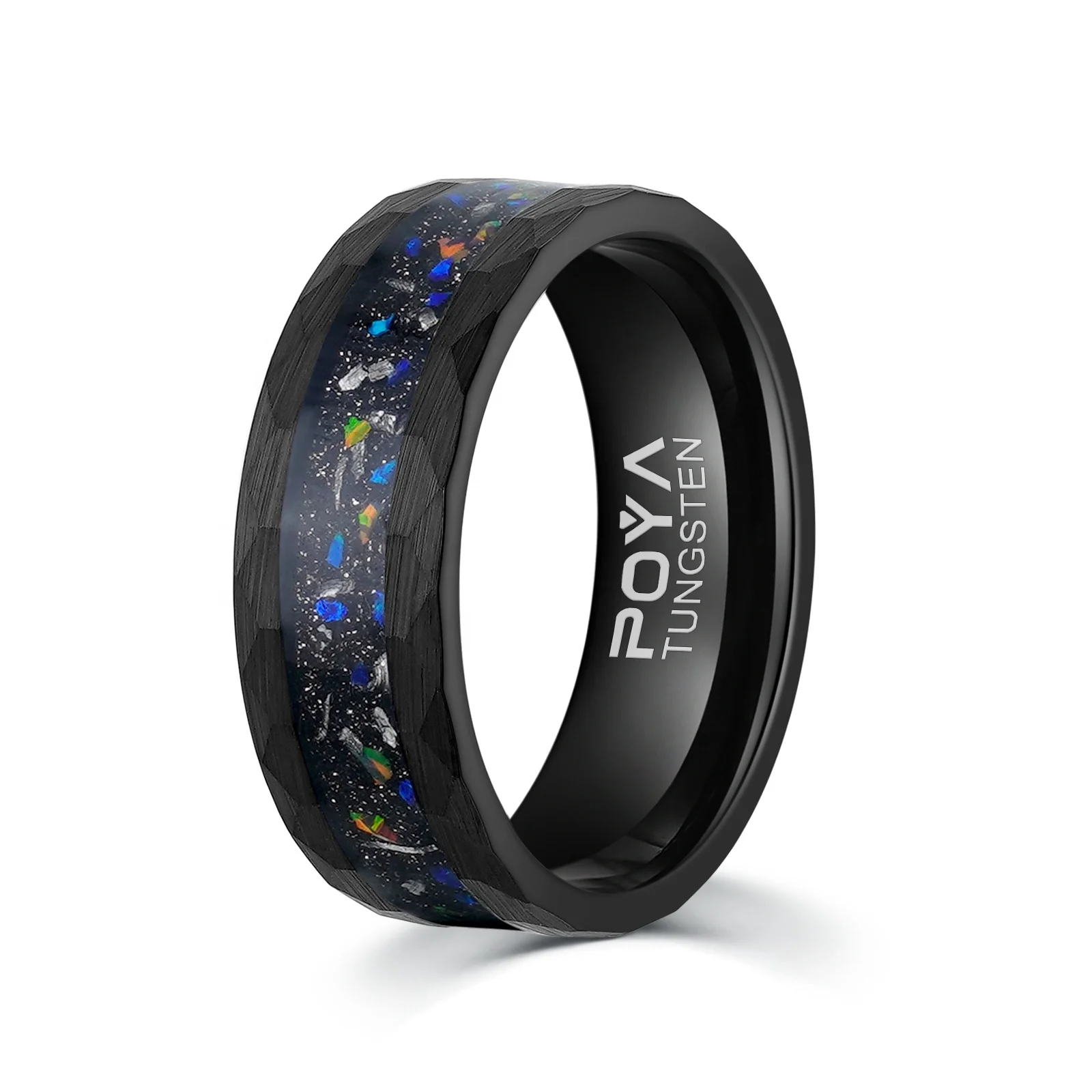 POYA Custom Black Hammered Meteorite Ring Tungsten Galaxy Opal Inlay Luxury Wedding Band for Men