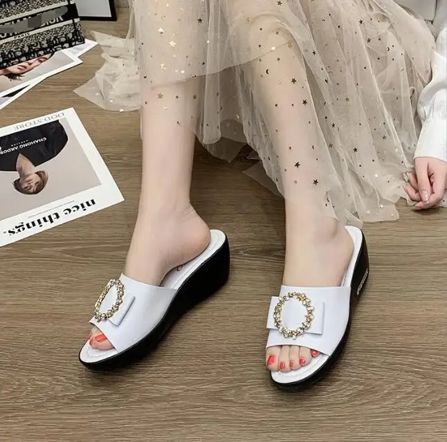 Fashion shiny bow pointed head rhinestone designer shoes sandals for women wedge sandals luxury