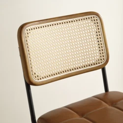 Wood Rattan Armless Rattan Back Black Wood Frame Dining Chairs Set of 2 Genuine Leather Upholstered Kitchen Chairs