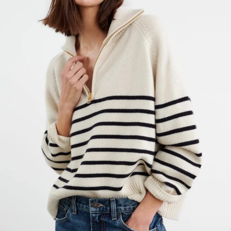 Custom Merino Wool Knitwear Wholesale OEM/ODM Available Causal Women Striped Knit Pullover Polo Collar Zipper Knitted Sweater
