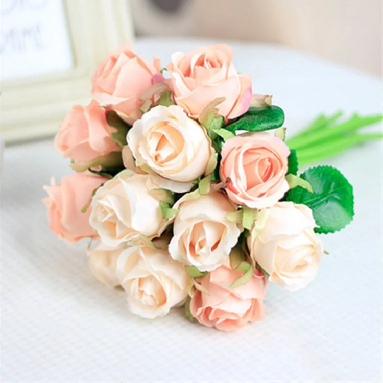 cheap price mini silk rose flowers 12 heads artificial rose bouquet for wedding bridal flower