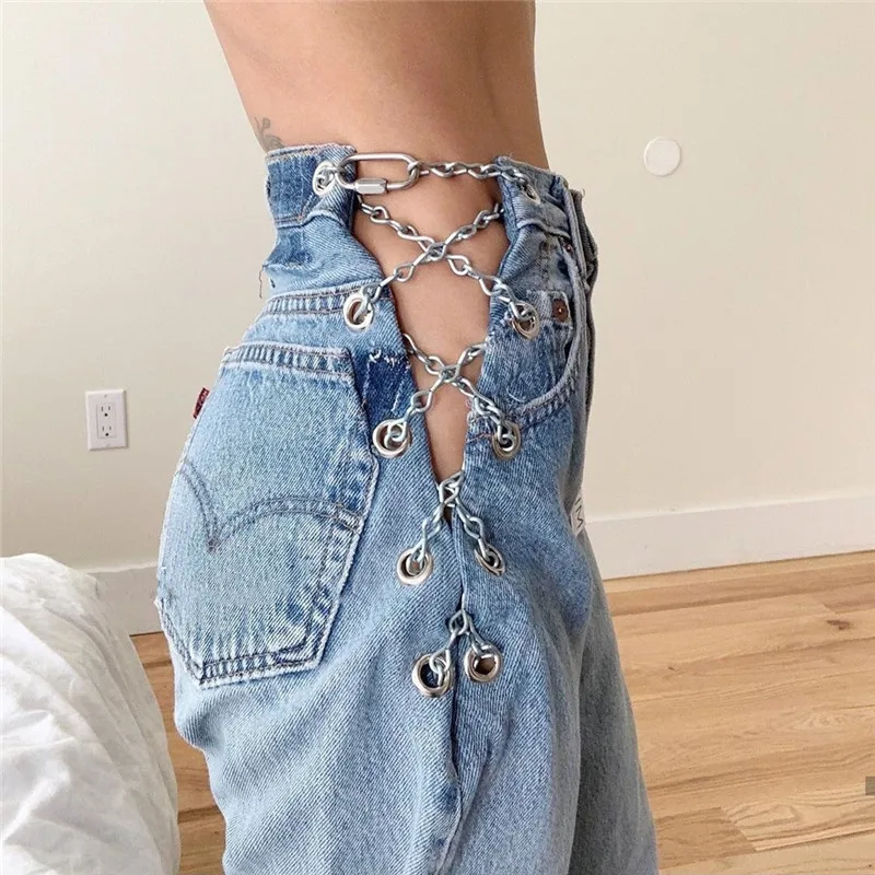 
Sexy Side Lace Up Straight Leg Trousers For Women Fashion Bandage Hollow Out Chain Bell Bottom Pants High Waist Night Club 