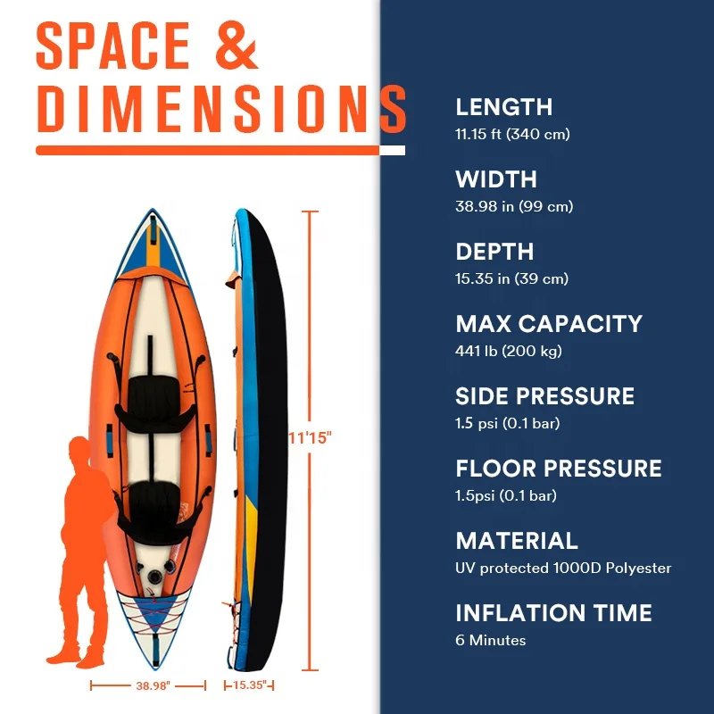 Oxford Kayaks Fishing 11.15 ft 2 Person Inflatable Canoe Kayaks for Sale with Dual Fins