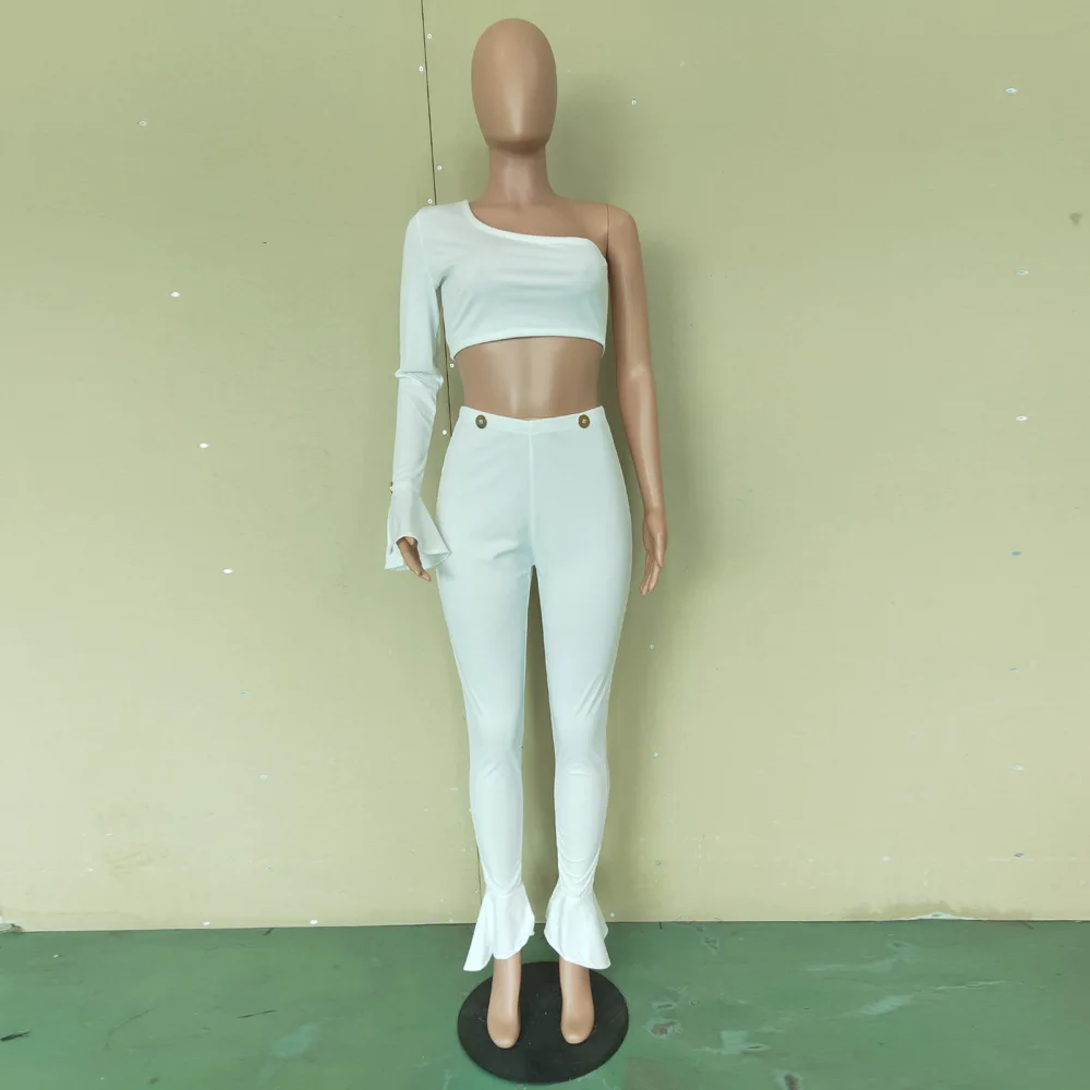 
0819M274 best selling asymmetrical sleeve fashion sexy woman autumn two piece flare pants set 