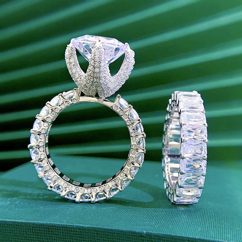 Luxury Ring Hot Sale Silver Iced Out Jewelry Radiant Cut Diamond Wedding Rings
