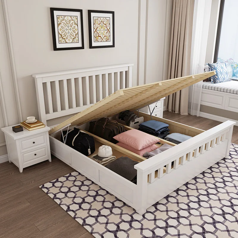 Simple design solid wood double bed modern simple high box storage bed
