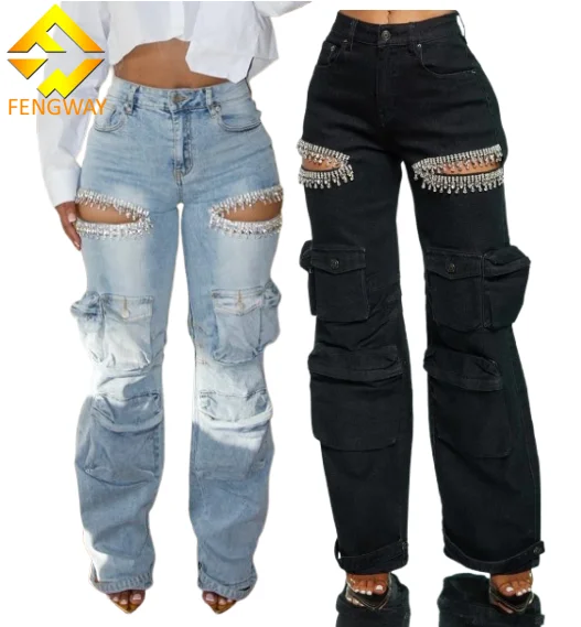 2024 New arrival Women Cargo Pants Women Fashion Mid-rise Jeans Straight Baggy Multi-pocket Hollow out Rhinestones Trousers