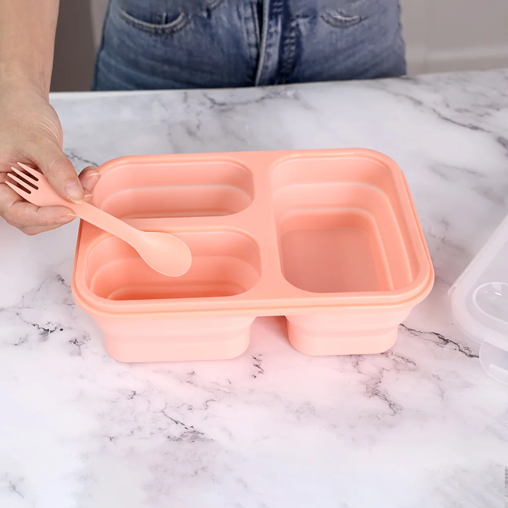 Insulated Portable Lunch Box Microwave Safe 3 Compartment Customized Silicone 1000ml Lunch Box