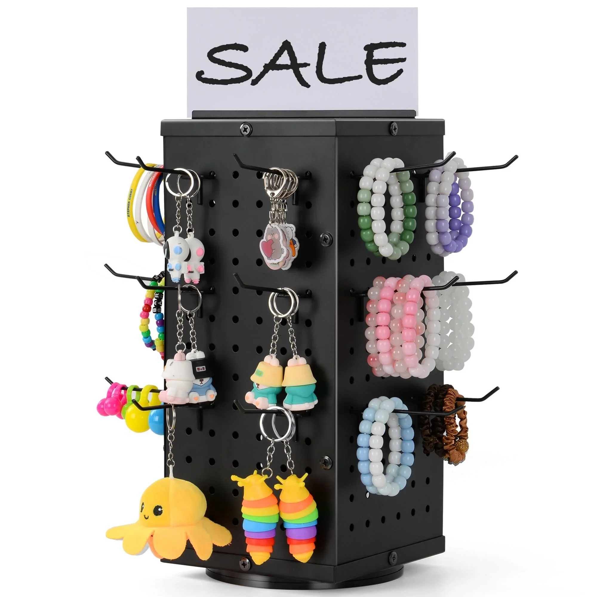 Counter Rotating 4 Sided Metal Retail Display Rack Pegboard Display Stand for Jewelry and Crafts