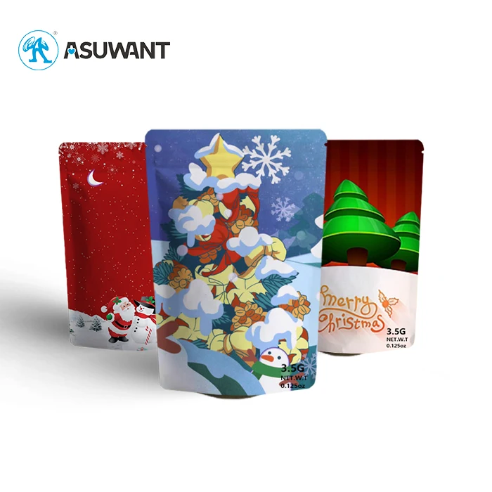 Custom Print Logo 1g 3.5g 7g Tobacco Bag Christmas Candy Edible Packaging Biodegradable Cartoon Cute Foil Lined Shape Mylar Bag