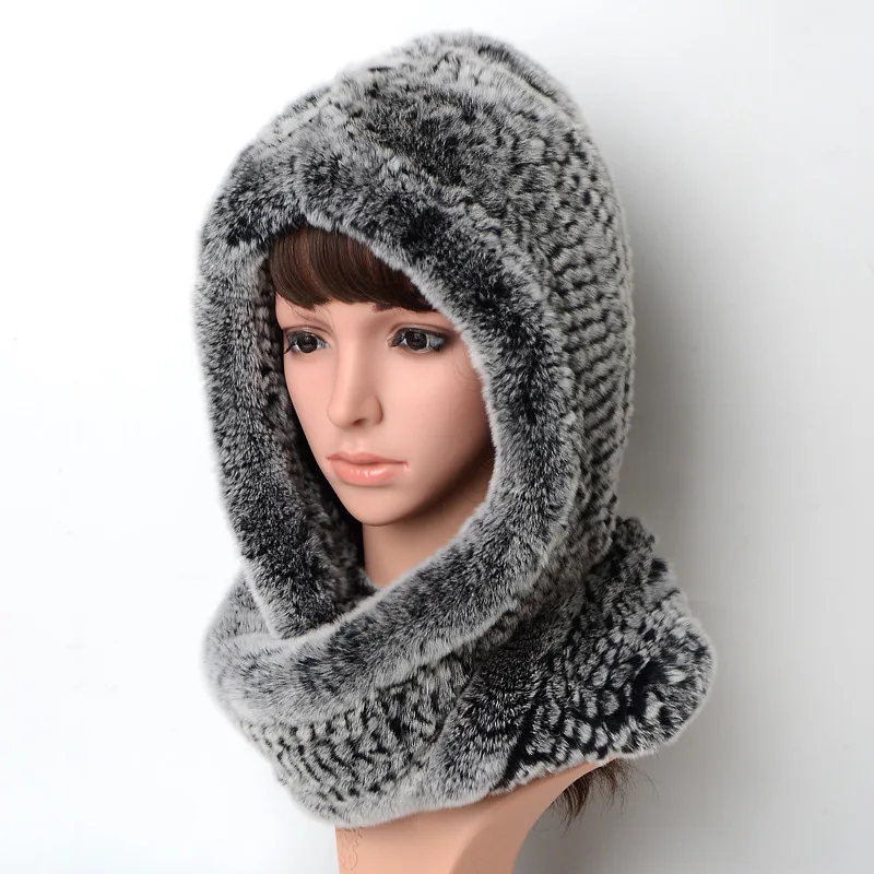 Real Rabbit Fur Tie Dye Hood Handmade Snood Scarf for Women Wholesale Warm Winter Colorful Fuzzy Fur Infinity Scarf Hat Set