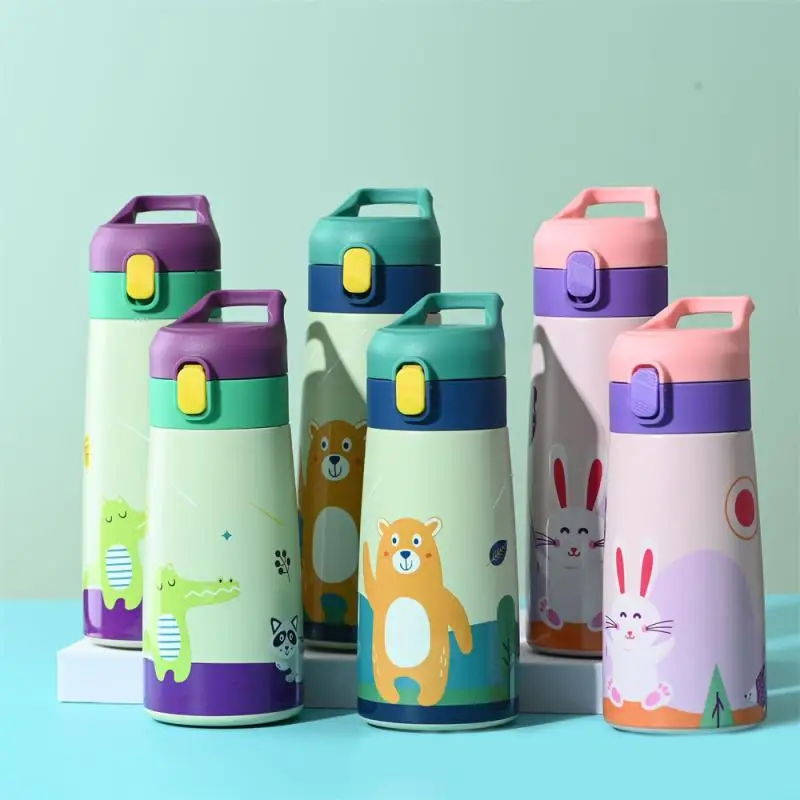 Kids Stainless Steel Straw Thermos Mug With Case Cartoon Leak-Proof Vacuum Flask Children Thermal Water Bottle Thermocup