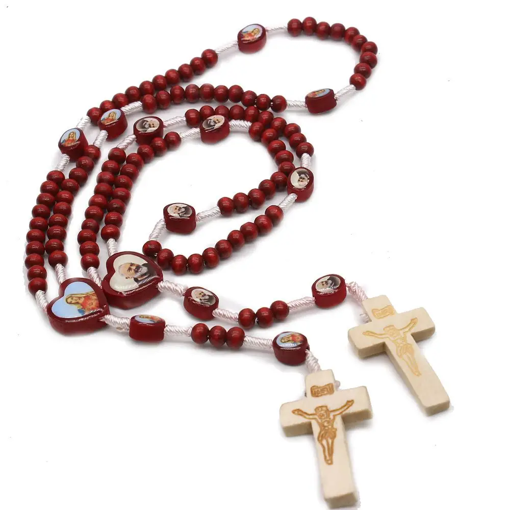 Christ Jesus Wooden Beads Rosary Bead Cross Pendant Red Chartlet Chain Necklace Religious Jewelry