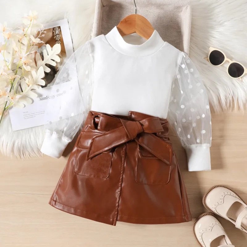 New Arrival Kids 2 Piece Red Brown Leather Skirt and White Lace Top Blouse Shirt Set for Children Girls