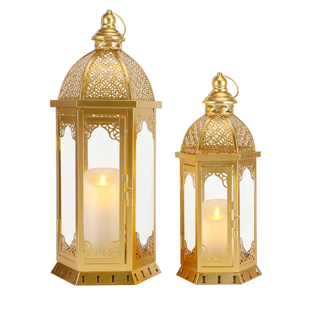 Set Of 2 Moroccan Gold Metal Candle Lantern Hanging Portable Glass Lantern For Indoor Home Holiday Decor