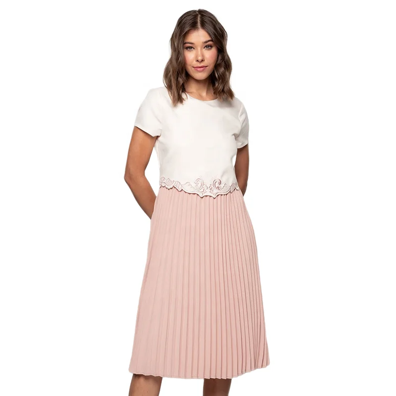 Casual Fit And Flare Embroidered and Pleated Ladies Midi Dress For Wholesales