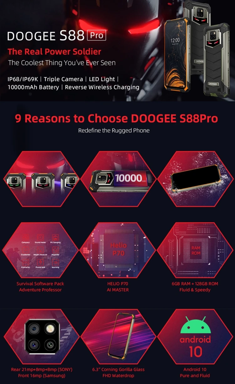 Dropshipping DOOGEE S88 Pro 10000mAh Rugged Phone 6GB+128GB IP68 Waterproof 6.3 inch Android 10 cellular 4g mobile phones