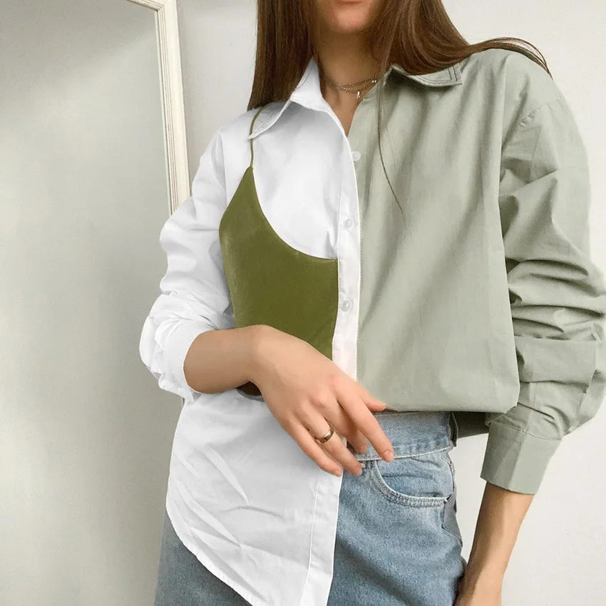 Designer fashion women custom logo shirt blouses collared white green loose causal PU long sleeve oversized two tone blouse