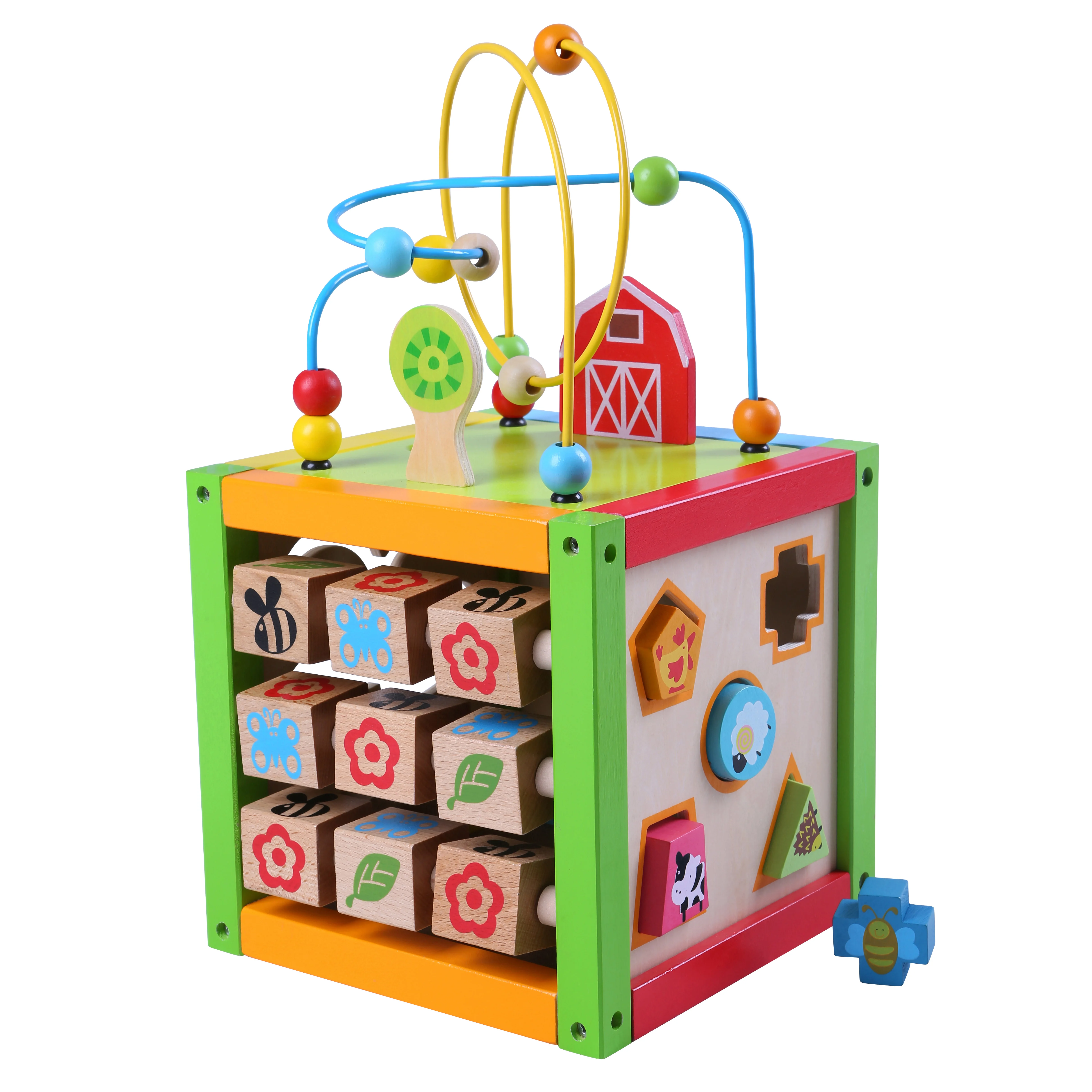 Montessori Multifunctional  Educational Toys Wooden Farm Bead Coaster Maze Activity Cube