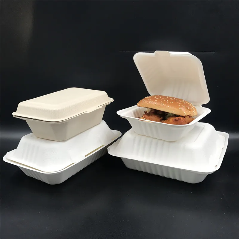 New trending 8 inch biodegradable disposable clamshell take away food container sugarcane bagasse to go lunch box for BBQ