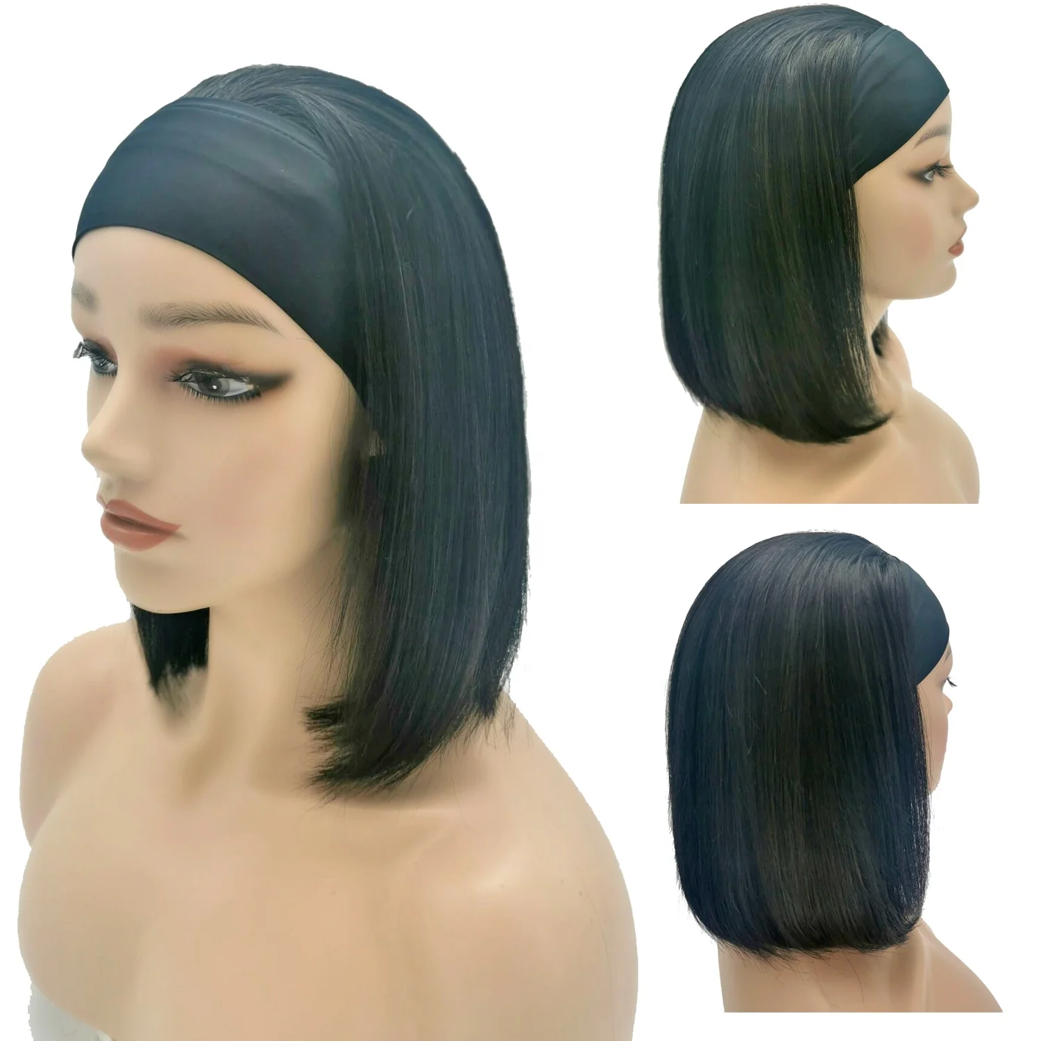 Straight Bob Headband Wigs Human Hair Wigs Brazilian Remy Hair Brown Color with Blonde Highlights Glueless Wig for Black Women
