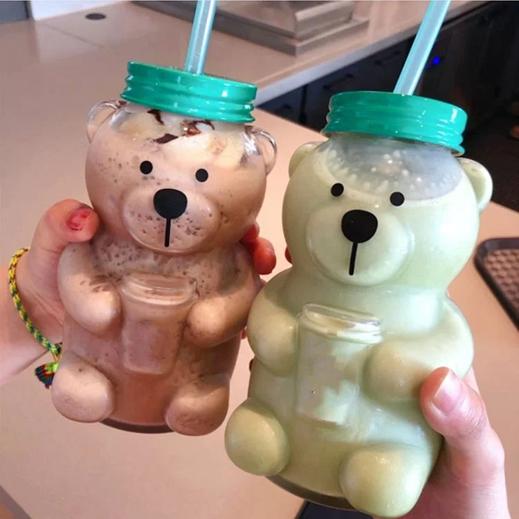 Bear Shaped Bottle 500ml Disposable PET Milk Tea Cup Plastic Juice Bottle