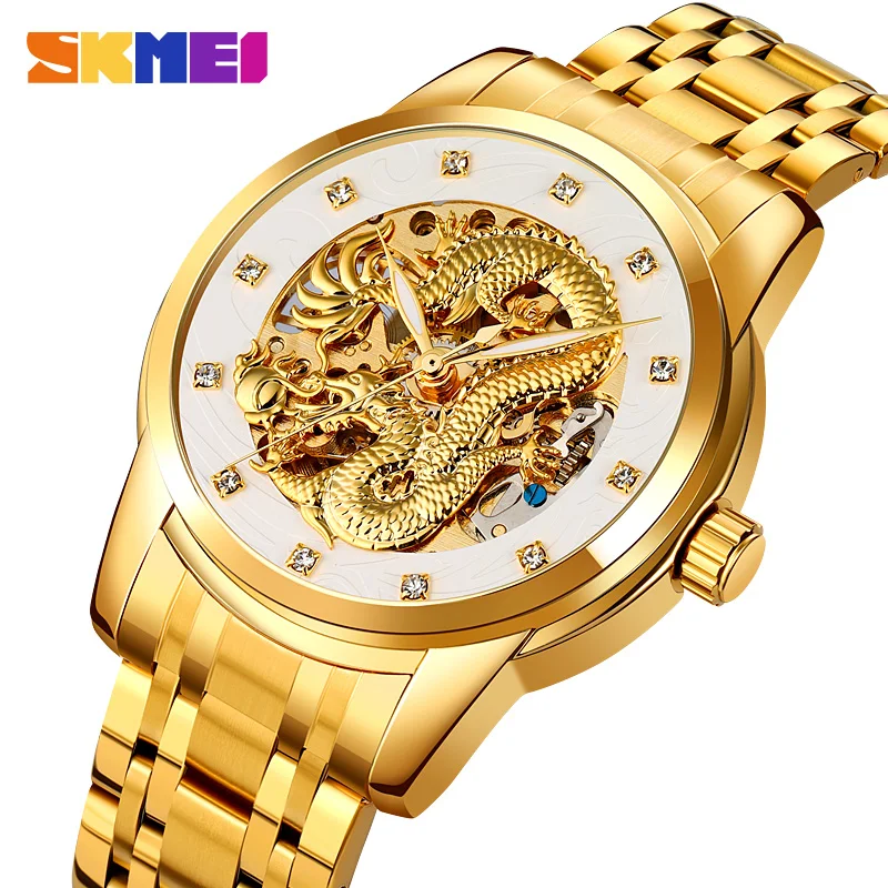Skmei 9310 custom logo automatic watch mens luxury top brand stainless steel golden mechanical wristwatch