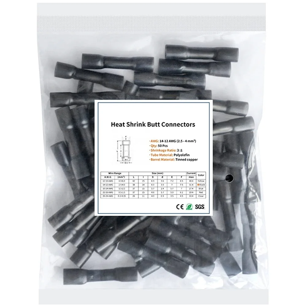 50 Pcs Black Heat Shrink Butt Electrical Connectors-Waterproof Marine Automotive Terminals Kit-Ring Fork Hook Spade Butt Splices
