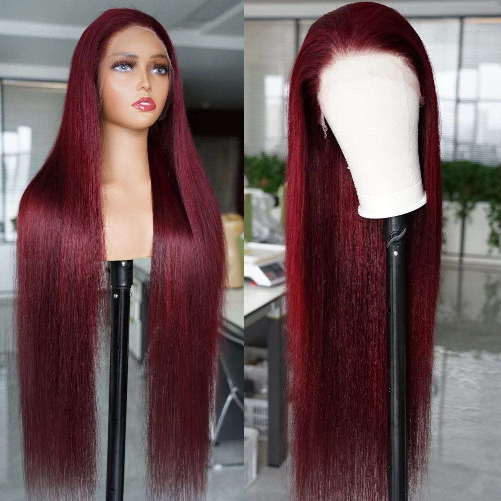 99J 13x4 Lace Front Body Wave Human Hair Wig for Black Women Burgundy Wine Red Silky Straight Lace Frontal Wig Pre Plucked