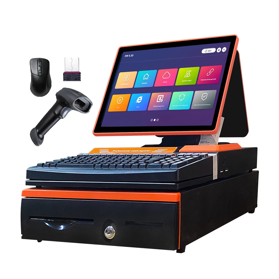 15 Inch Duel Screen POS Machine Factory Price All in One POS System with Printer  Electronic Cash Register