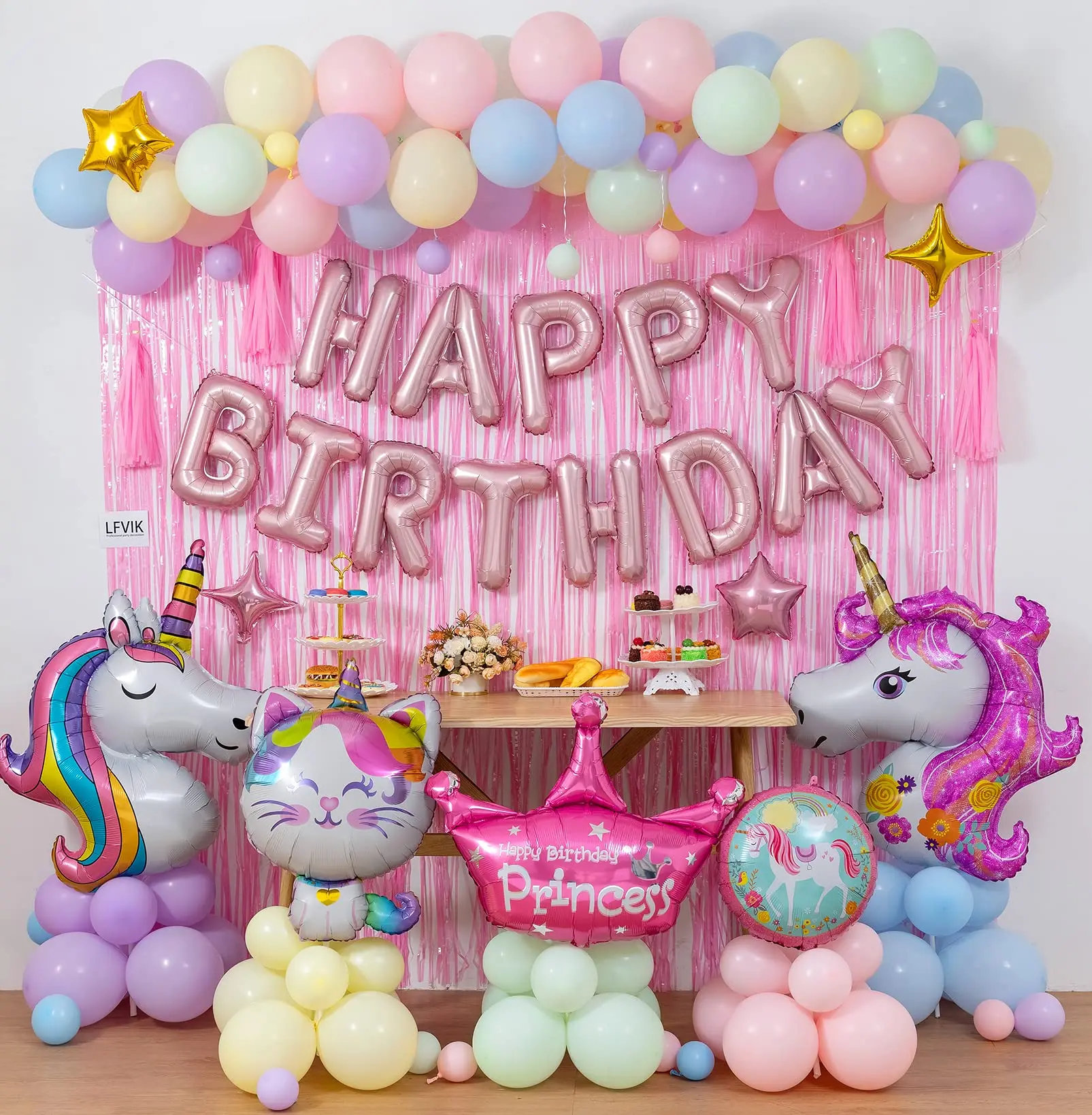 Unicorn Pink Birthday Party Decorations Balloons Arch Garland HAPPY BIRTHDAY Banner Pink Curtains Birthday Party Supplier