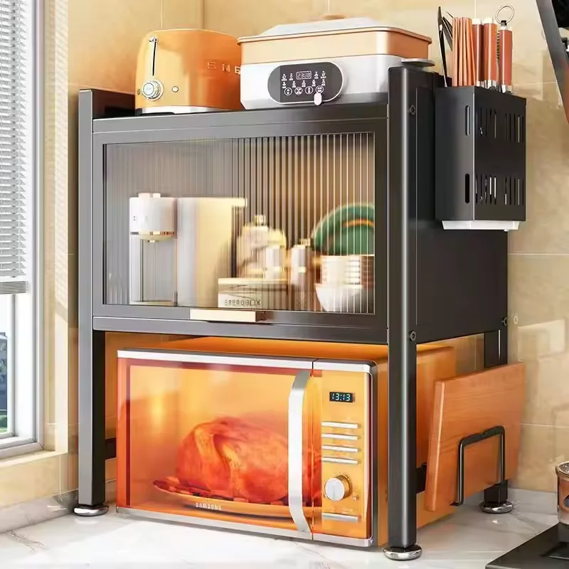 Desktop Storage Rack Carbon Steel Multi-layer Enclosed Microwave Oven with Cabinet Door Bracket Kitchen