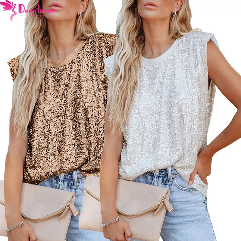 Wholesale Causal Clothing Basic Apricot Sequin Round Neck Women White Sequins Tank Top