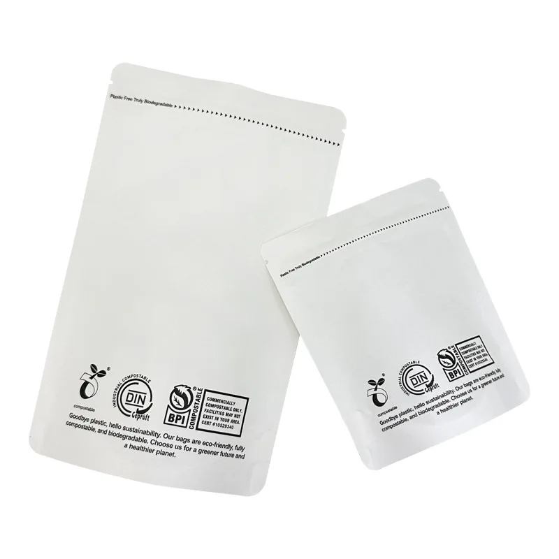In Stock 100% Biodegradable Compostable Customized Design 3.5g 7g 14g PLA White Kraft Paper Food Packaging Stand Up Bags