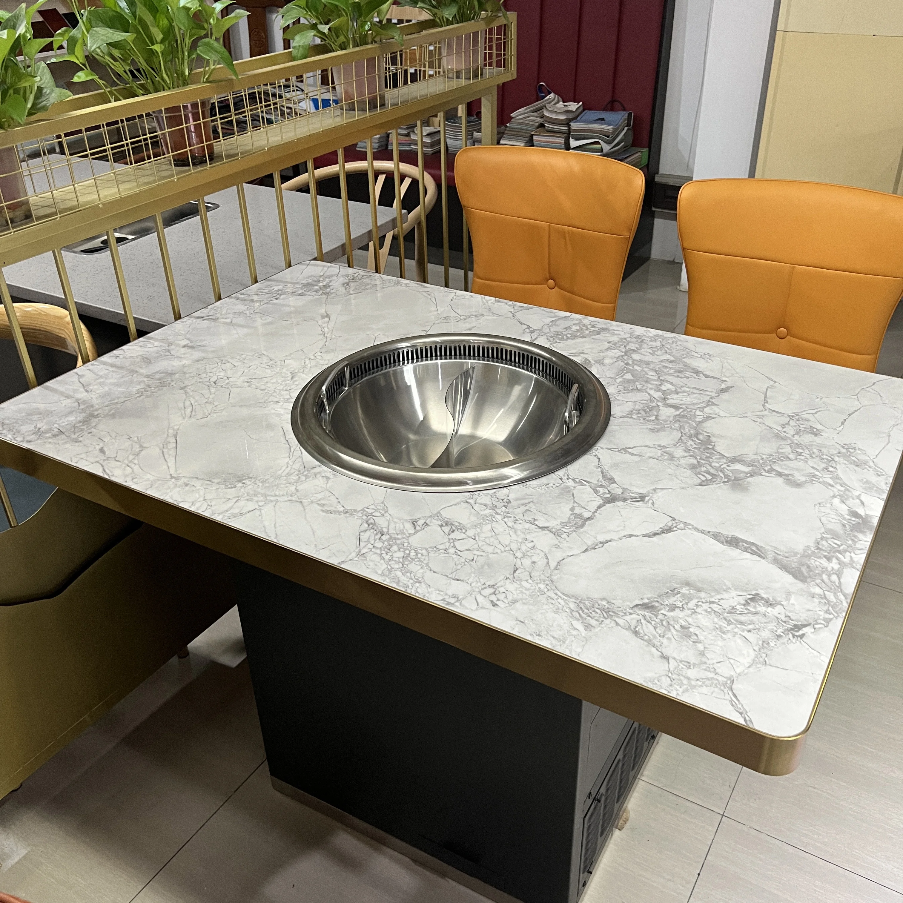 Zhuoyue P6 Smokeless Korean wholesale Built-in Hidden hot plat table smokefree grilled shabu integrated table Steamboat Table