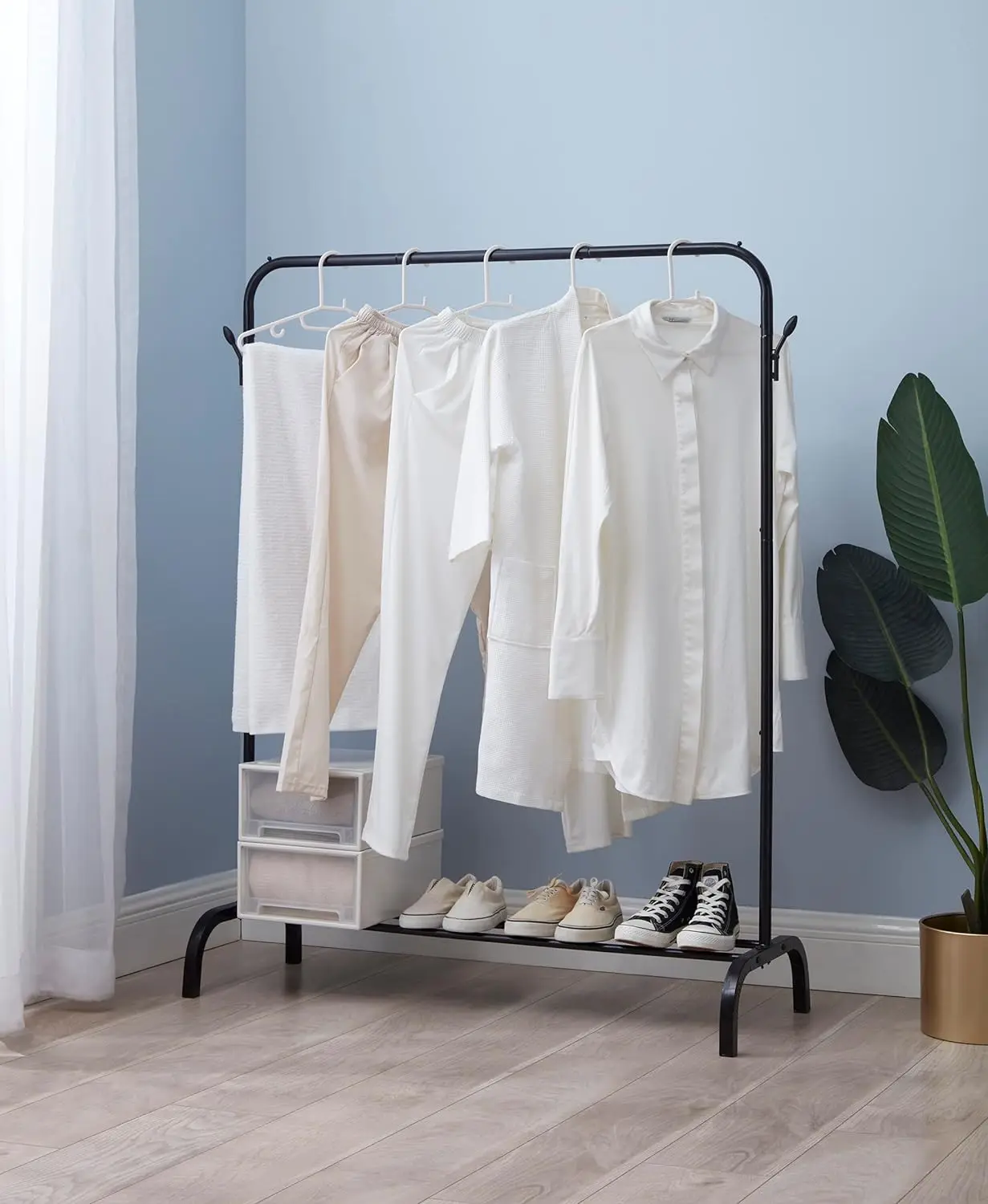 Black Garment Rack with Storage Shelves and Coat/Hat Hooks Indoor Freestanding Steel Clothes Rack for Bedroom or Living Room