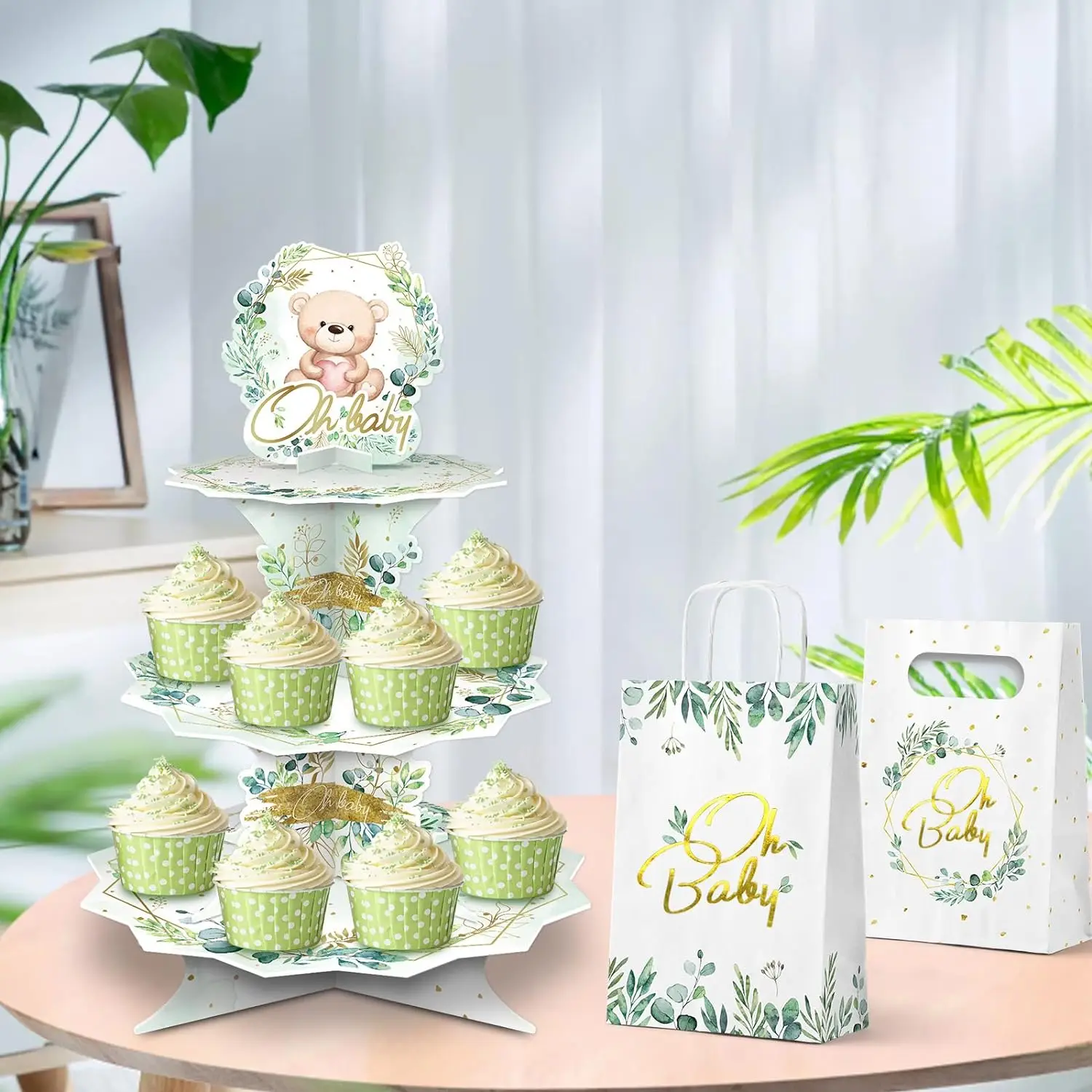 Greenery Eucalyptus Oh Baby Cupcake Stand Paper Cake Stand Birthday Party Supplies Baby Shower Table Decorates Dessert
