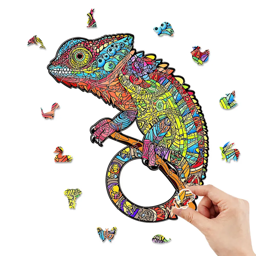 OEM ODM Excellent Unique Laser Cut Animal Shape Chameleon Pattern Wooden 3D Puzzle