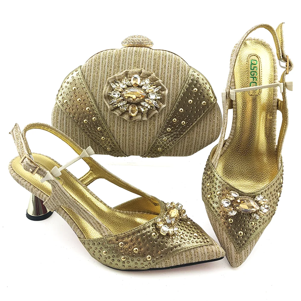 Italian style ladies party shoes with matching bags set flat heel platform shoes decorated with stones  EF39