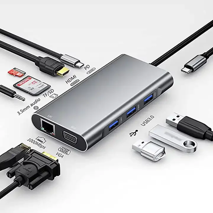 Laptop 11 in 1 USB C Hub Docking Station Type C Hub USB-C Dock PD VGA Converter Headphone OEM ODM