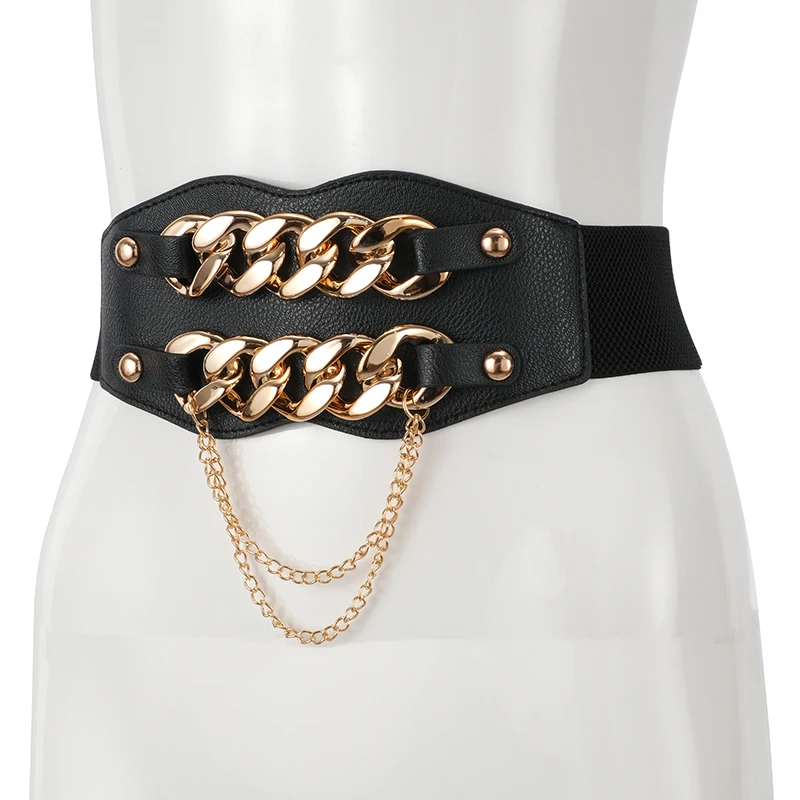 Women Elastic Wide Girdle Double Row Gold Chain Women Dress Belt Fashion Coat Sweater Women PU Belt
