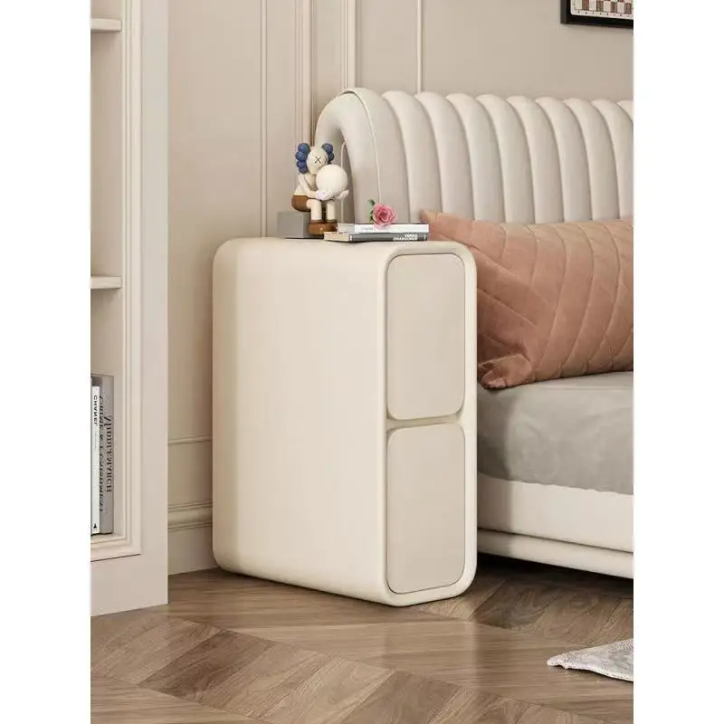 Ultra-Narrow 20cm French Solid Wood Nightstand Modern Simple Design Luxury Cream  Mini Bedside Cabinet Kids Teens Storage