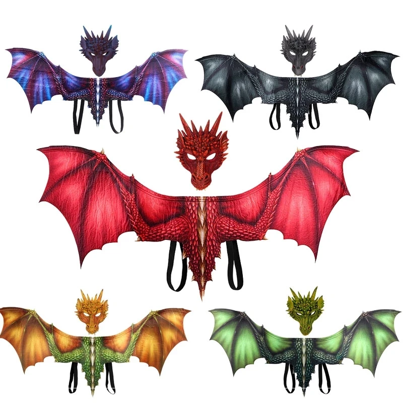 Adult Boy and Girl Kids Masquerade Face Mask and Wings Halloween Decoration Carnival Party Animal Costume Dragon Cosplay