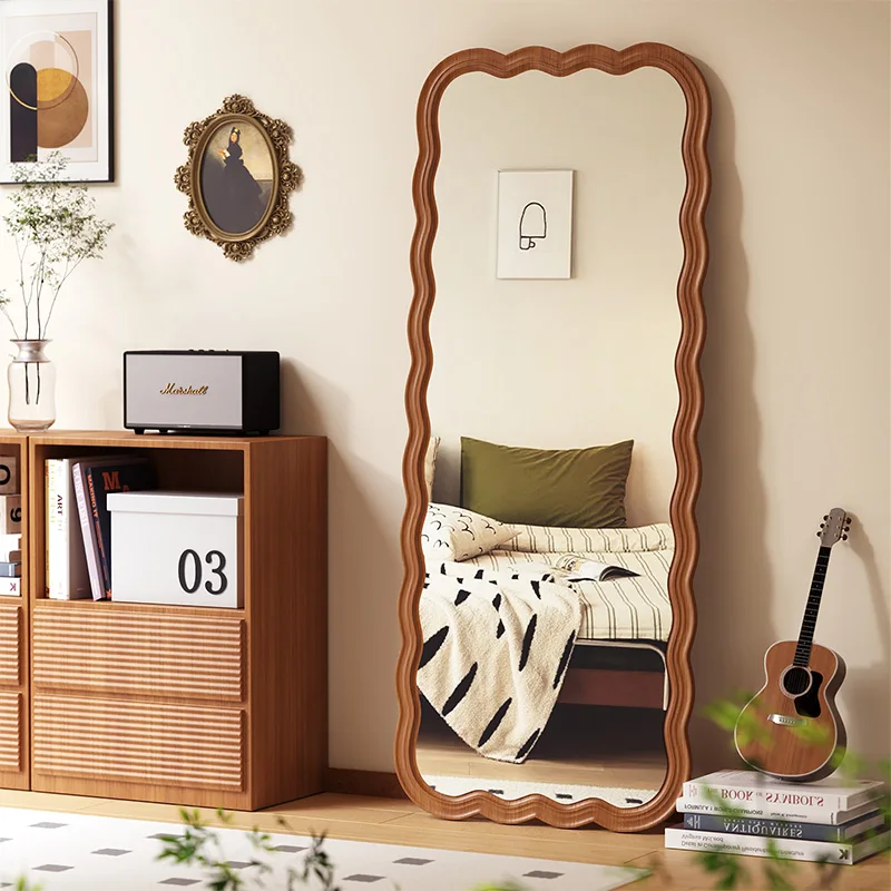 home decor retro large long luxury irregular wood wall mount wavy frames standing floor mirror full body  mirror for living room