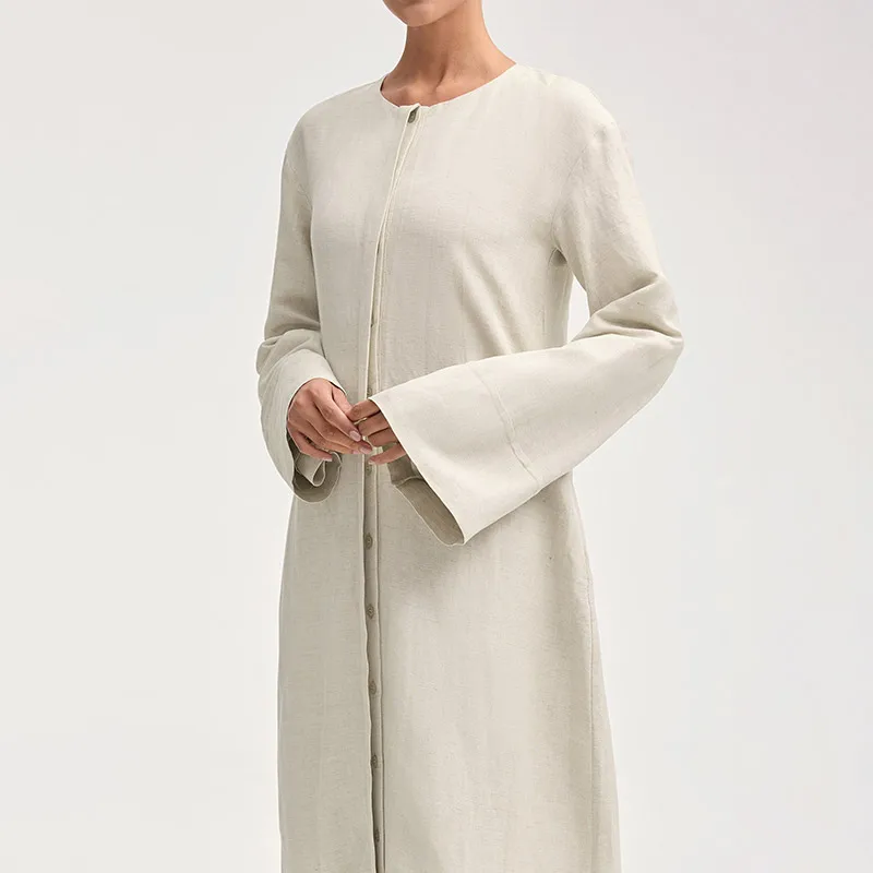 Custom 100% natural linen women muslim dress modest abaya solid color full length islamic dubai woman linen abaya button dress