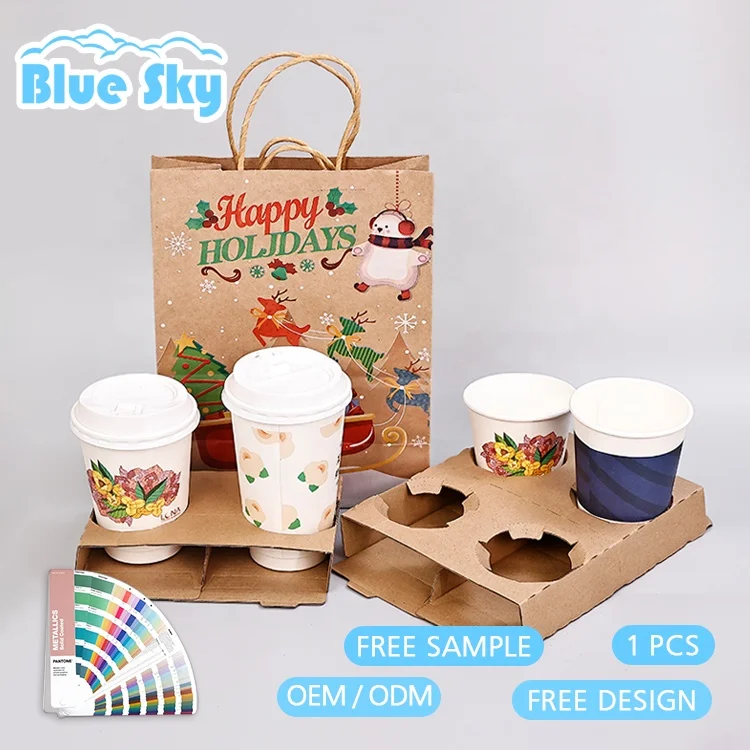 Customized  Disposable Customized Kraft Take Away Drink Eco Paper Coffee Cardboard Cup Holders Carrier Packing