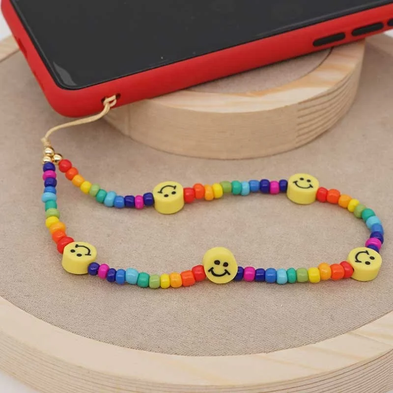 
Wholesale Rainbow Beads Chain For Mobile Phone Lanyard Smile Cell Phone Straps Handmade Soft Polymer Clay Beads Phone Chain 