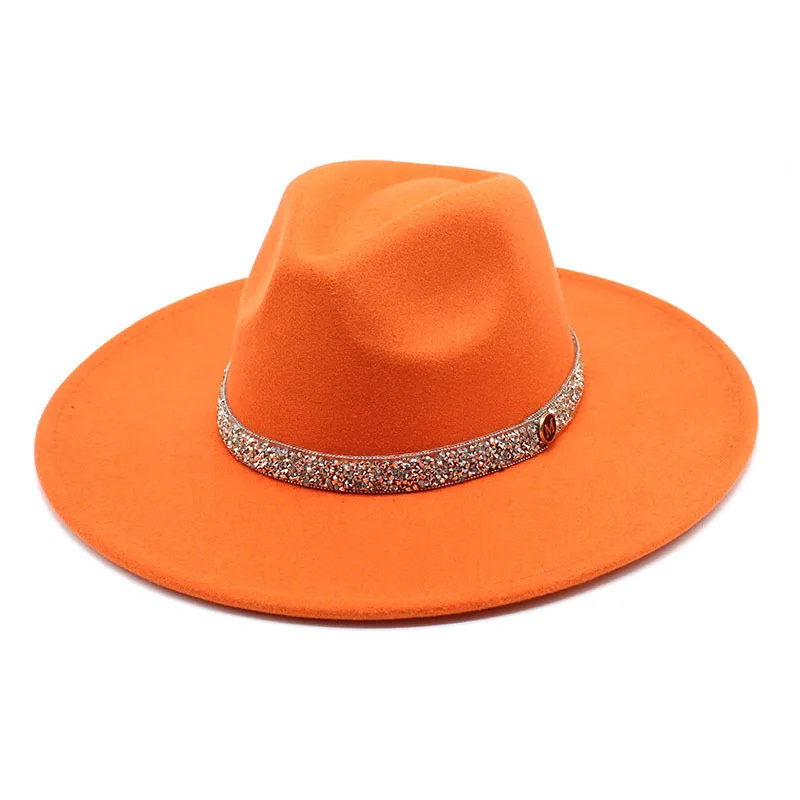 HT-1763 Wholesale Unisex Fedora Hats Wide Brim Women Bling Rhinestone 2022 Custom Fedora Hat